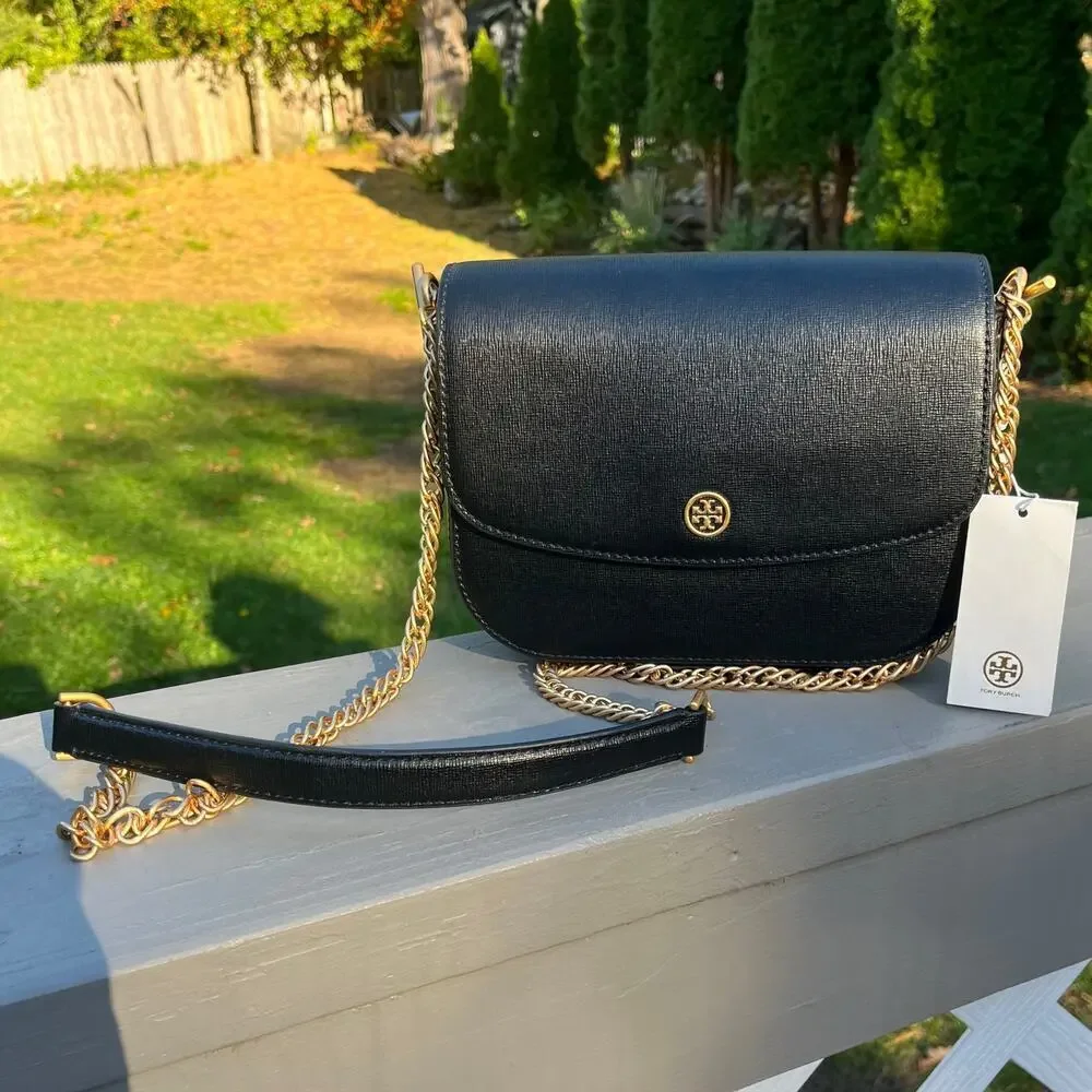 TORY BURCH NWT Robinson Convertible Shoulder Crossbody Bag, Black Leather